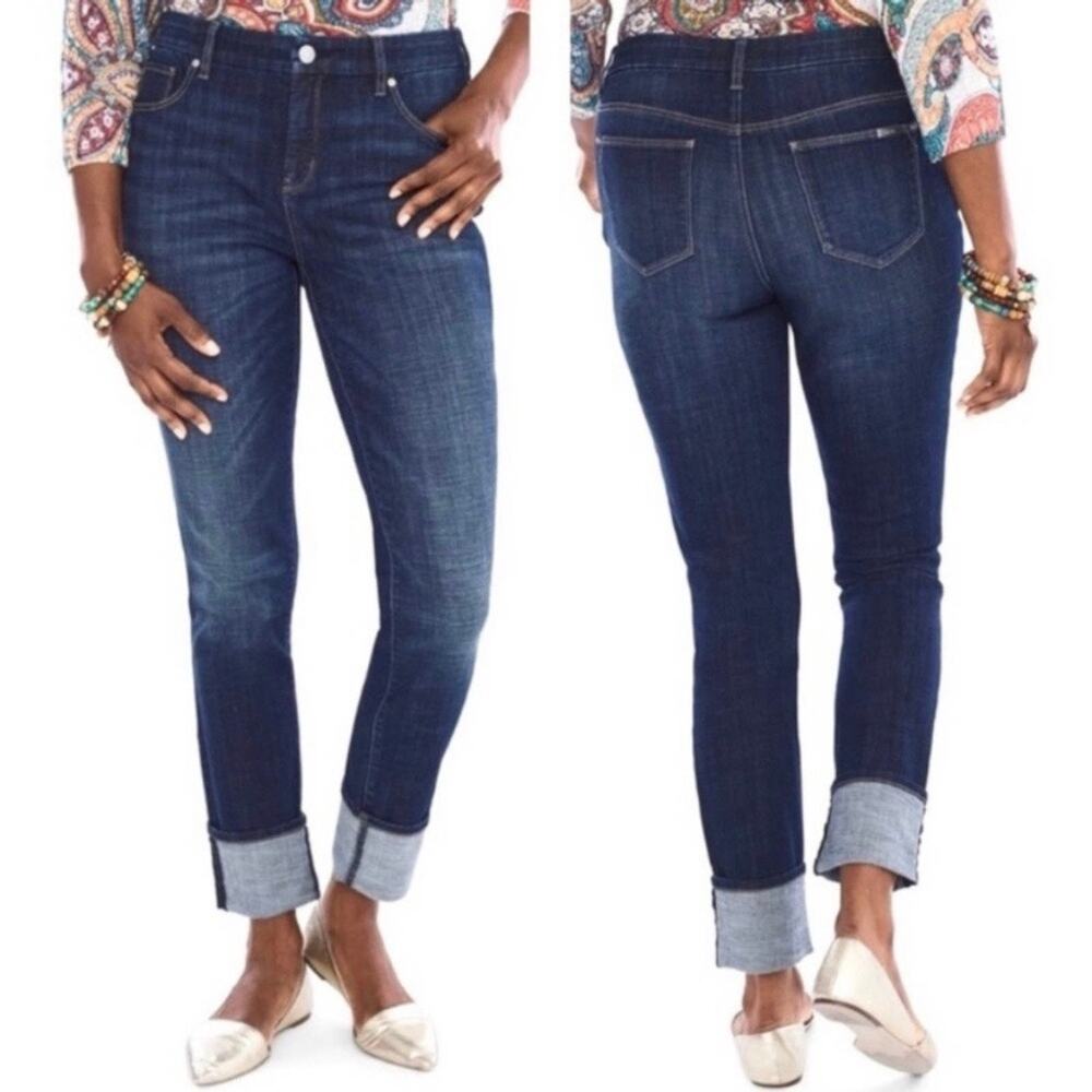Chicos‎ So Slimming High Cuff Girlfriend Slim Ankle Jeans Size 8 Casual Sassy